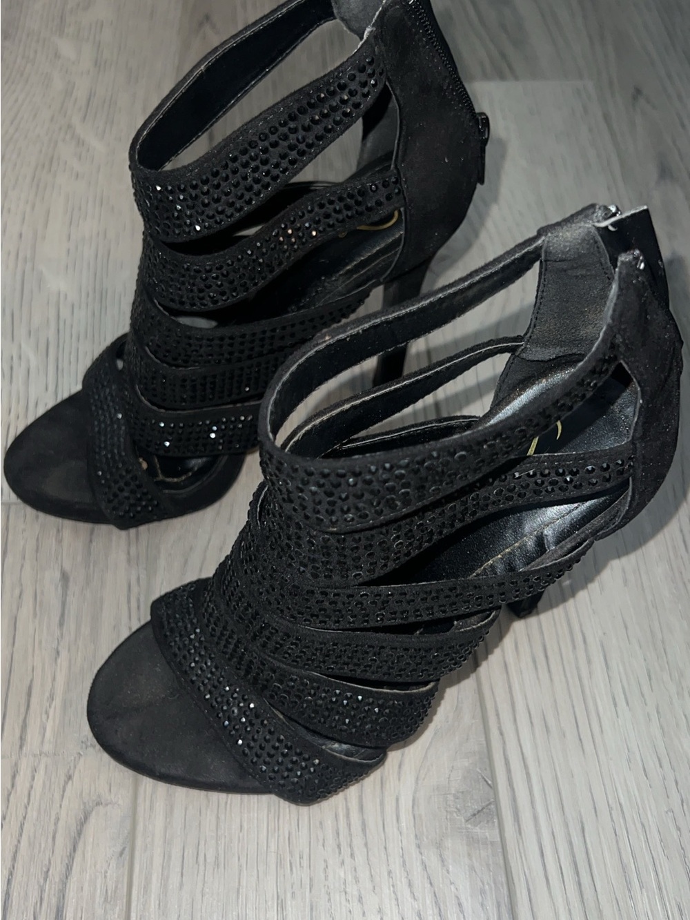 Black Strappy Rhinestone High Heel Sandals - Women